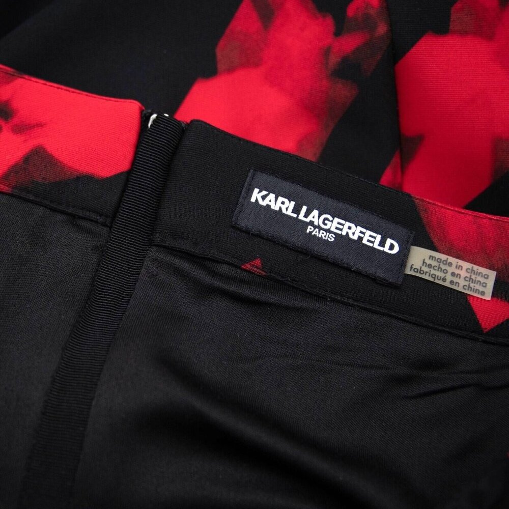 Karl Lagerfeld Skirt Waist 35" Black Red Abstract Floral Midi Lined Dressy Chic - Picture 4 of 5